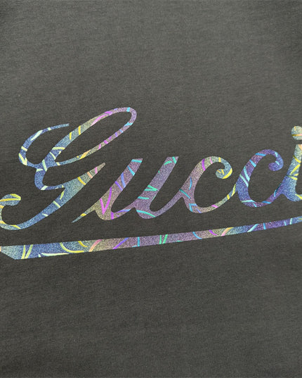 Gucci 2025ss Vintage Script Logo Metallic T‑shirt – Charcoal Grey