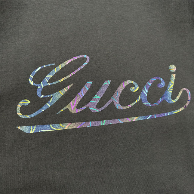 Gucci 2025ss Vintage Script Logo Metallic T‑shirt – Charcoal Grey