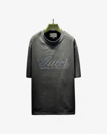 Gucci 2025ss Vintage Script Logo Metallic T‑shirt – Charcoal Grey