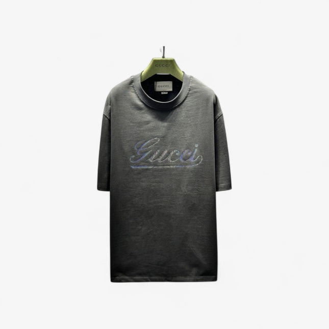 Gucci 2025ss Vintage Script Logo Metallic T‑shirt – Charcoal Grey