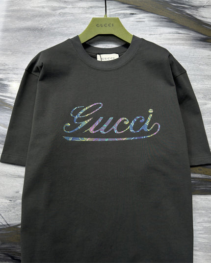 Gucci 2025ss Vintage Script Logo Metallic T‑shirt – Charcoal Grey