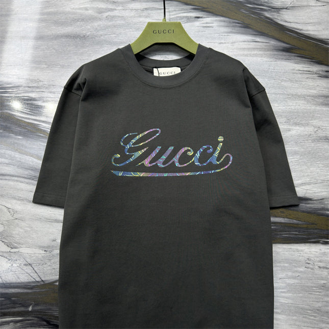 Gucci 2025ss Vintage Script Logo Metallic T‑shirt – Charcoal Grey