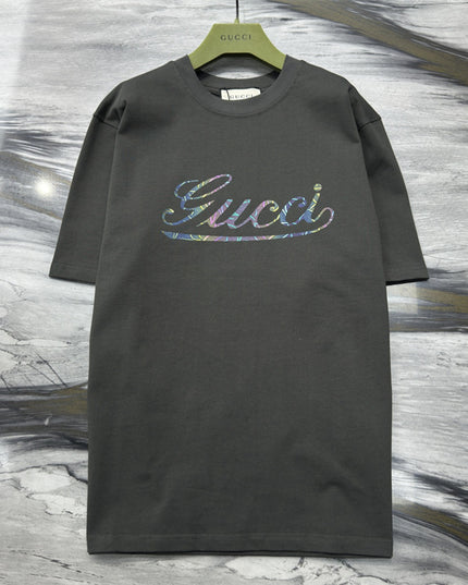 Gucci 2025ss Vintage Script Logo Metallic T‑shirt – Charcoal Grey