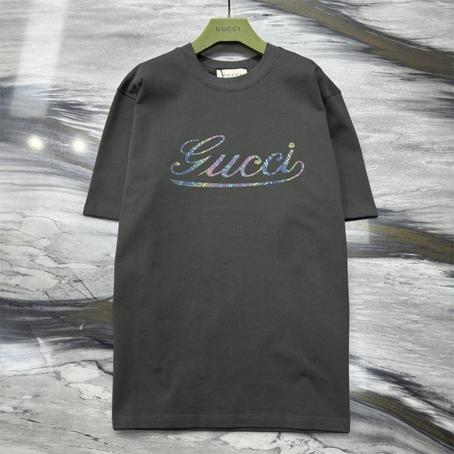 Gucci 2025ss Vintage Script Logo Metallic T‑shirt – Charcoal Grey