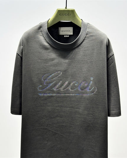 Gucci 2025ss Vintage Script Logo Metallic T‑shirt – Charcoal Grey