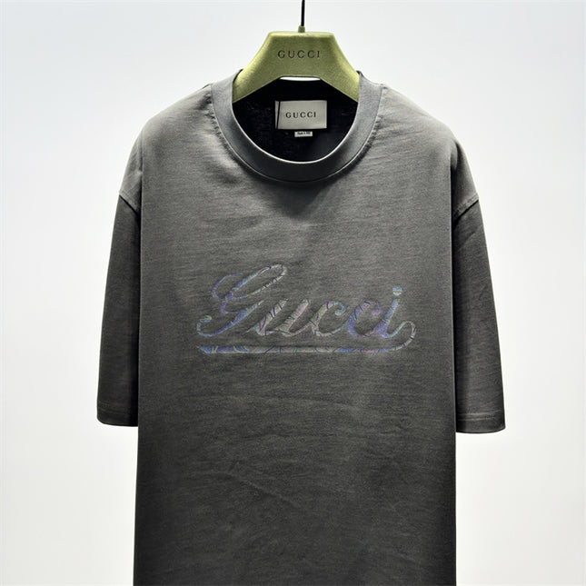 Gucci 2025ss Vintage Script Logo Metallic T‑shirt – Charcoal Grey