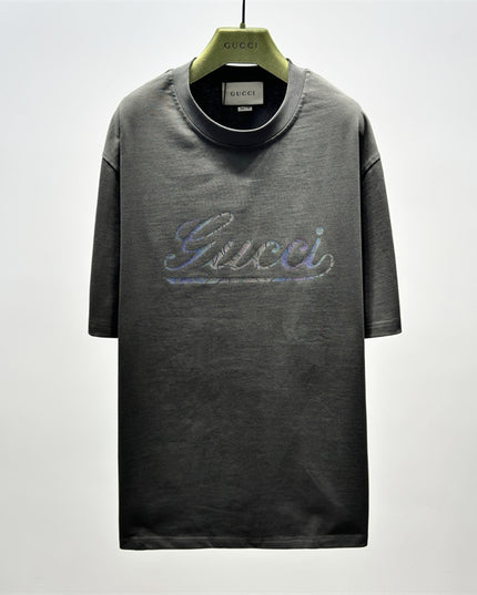 Gucci 2025ss Vintage Script Logo Metallic T‑shirt – Charcoal Grey