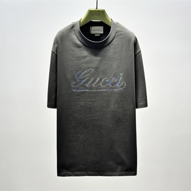 Gucci 2025ss Vintage Script Logo Metallic T‑shirt – Charcoal Grey