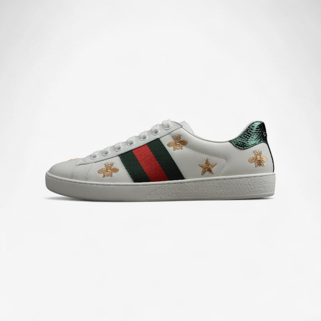 Gucci Ace Embroidered Bee and Star Sneaker with Green Heel Tab