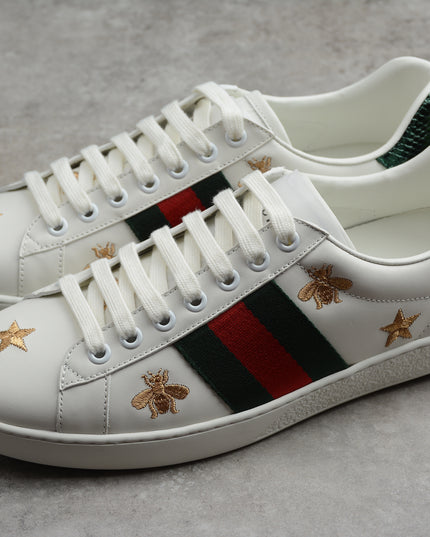 Gucci Ace Embroidered Bee and Star Sneaker with Green Heel Tab