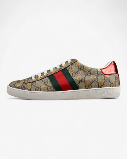 Gucci Ace GG Supreme Sneaker with Gold Bee Print and Green Metallic Heel