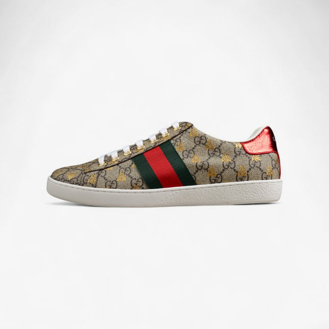 Gucci Ace GG Supreme Sneaker with Gold Bee Print and Green Metallic Heel
