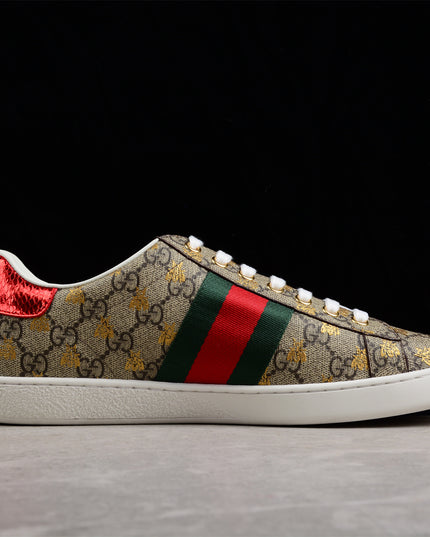 Gucci Ace GG Supreme Sneaker with Gold Bee Print and Green Metallic Heel