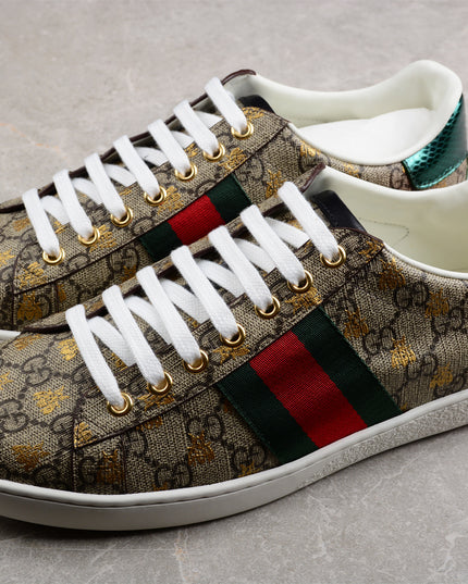 Gucci Ace GG Supreme Sneaker with Gold Bee Print and Green Metallic Heel