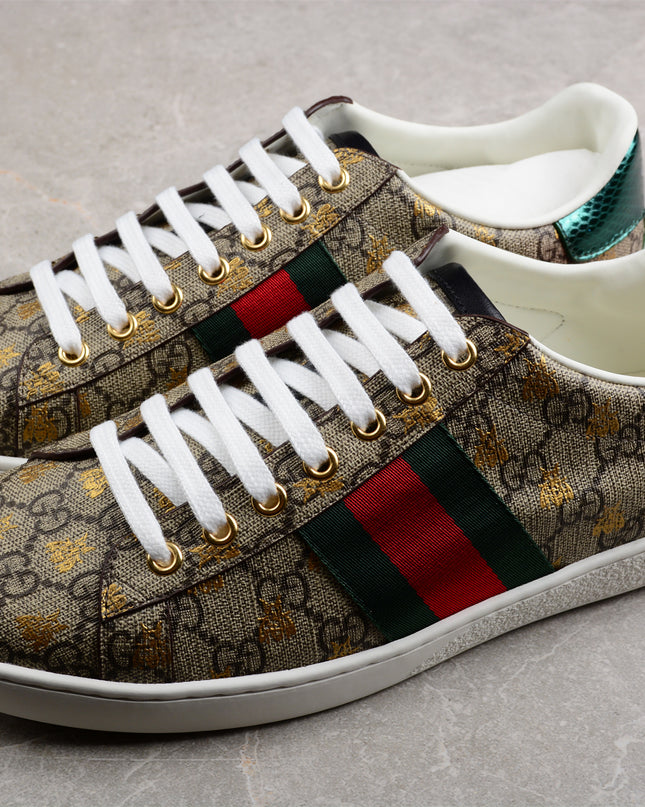Gucci Ace GG Supreme Sneaker with Gold Bee Print and Green Metallic Heel