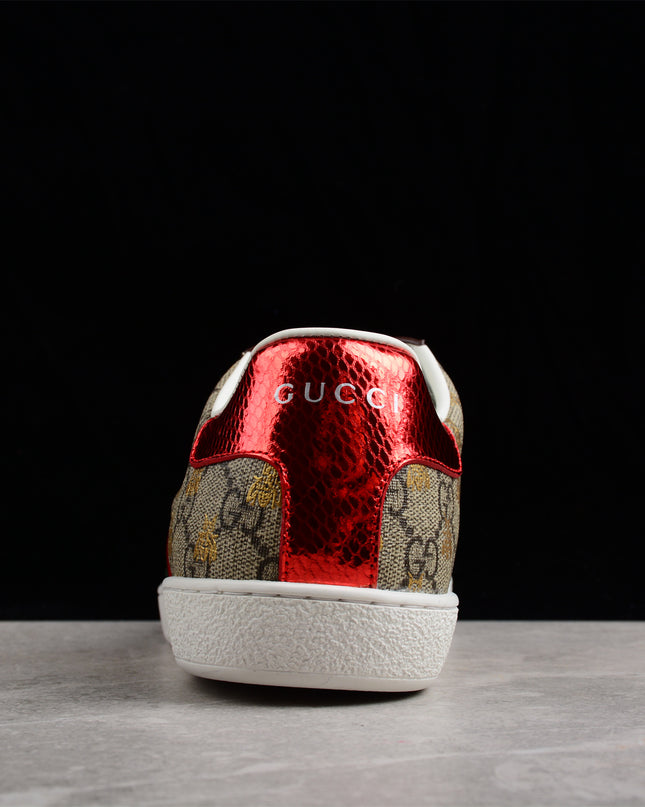 Gucci Ace GG Supreme Sneaker with Gold Bee Print and Green Metallic Heel