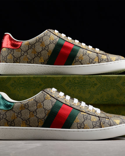 Gucci Ace GG Supreme Sneaker with Gold Bee Print and Green Metallic Heel