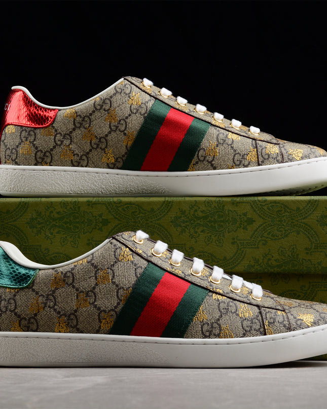 Gucci Ace GG Supreme Sneaker with Gold Bee Print and Green Metallic Heel