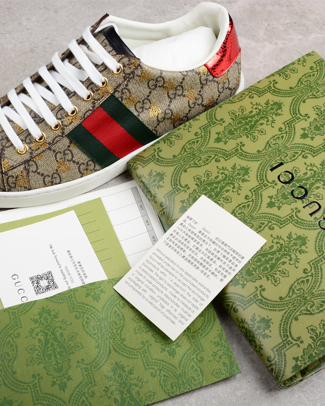 Gucci Ace GG Supreme Sneaker with Gold Bee Print and Green Metallic Heel