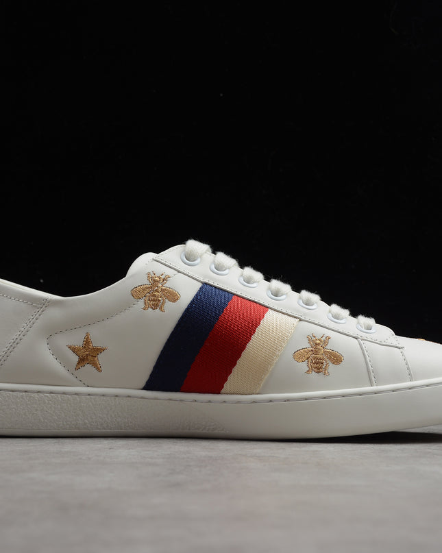 Gucci Ace Sneaker with Blue-Red-Ivory Web and Embroidered Bees & Stars