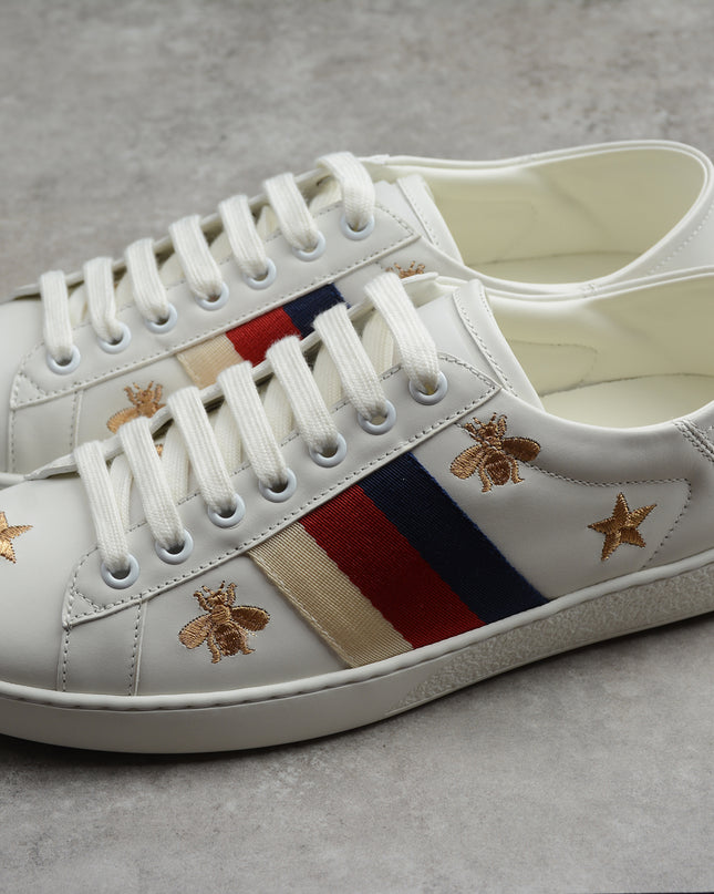 Gucci Ace Sneaker with Blue-Red-Ivory Web and Embroidered Bees & Stars