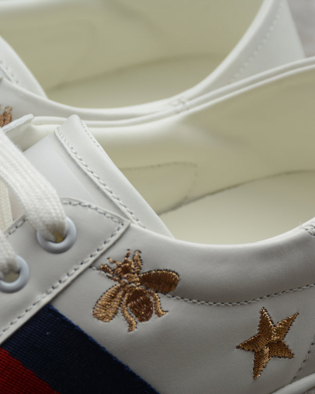 Gucci Ace Sneaker with Blue-Red-Ivory Web and Embroidered Bees & Stars