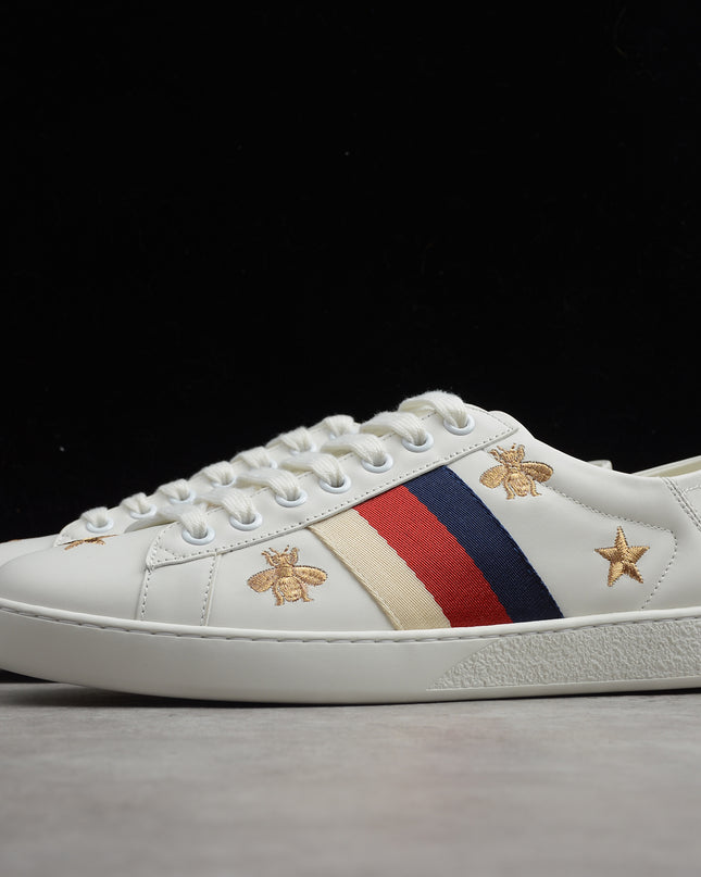Gucci Ace Sneaker with Blue-Red-Ivory Web and Embroidered Bees & Stars