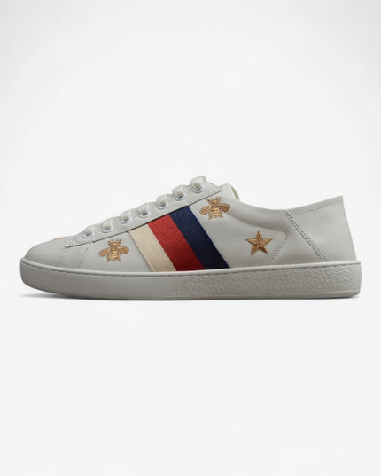 Gucci Ace Sneaker with Blue-Red-Ivory Web and Embroidered Bees & Stars