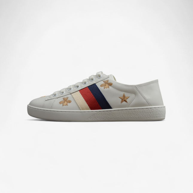 Gucci Ace Sneaker with Blue-Red-Ivory Web and Embroidered Bees & Stars