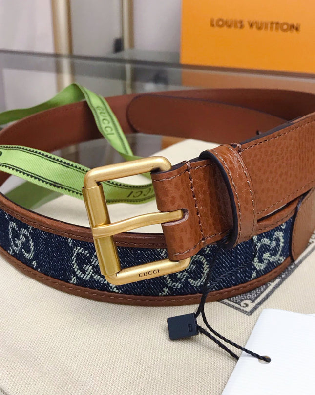 Gucci Belt with Square Buckle – GG Denim & Brown Leather
