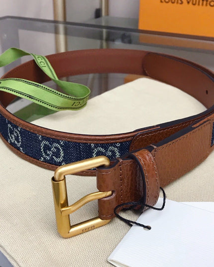 Gucci Belt with Square Buckle – GG Denim & Brown Leather