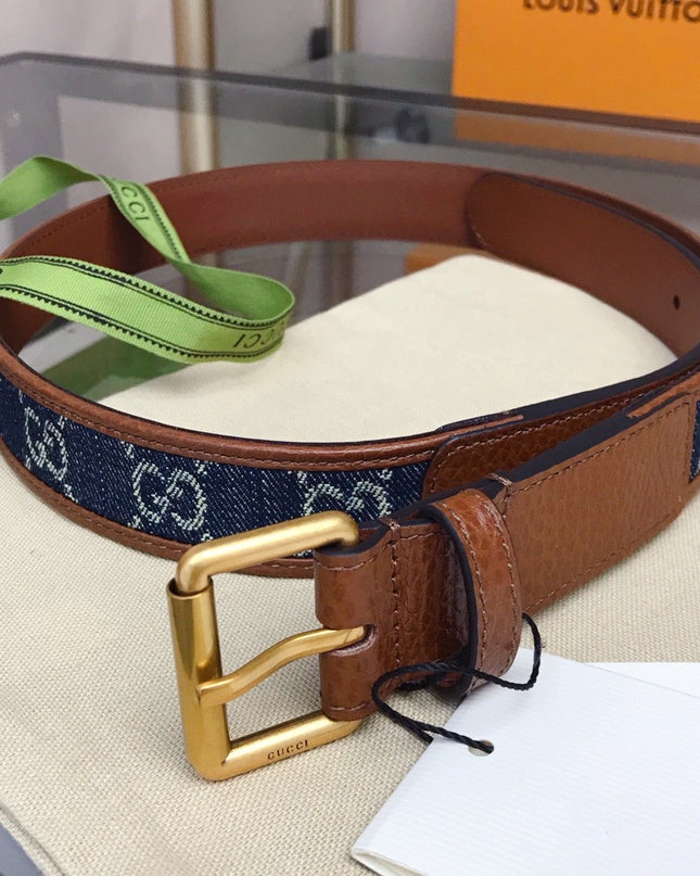Gucci Belt with Square Buckle – GG Denim & Brown Leather