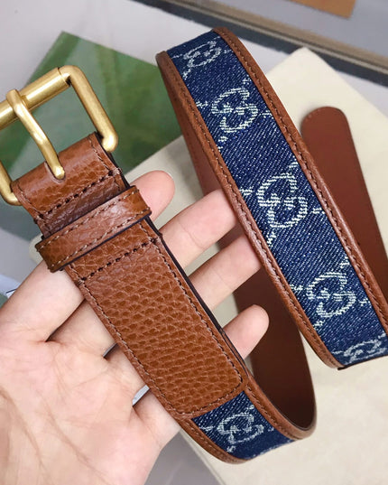 Gucci Belt with Square Buckle – GG Denim & Brown Leather