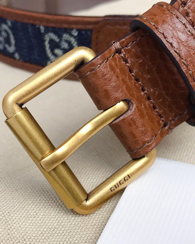 Gucci Belt with Square Buckle – GG Denim & Brown Leather