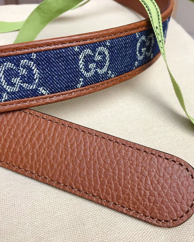 Gucci Belt with Square Buckle – GG Denim & Brown Leather