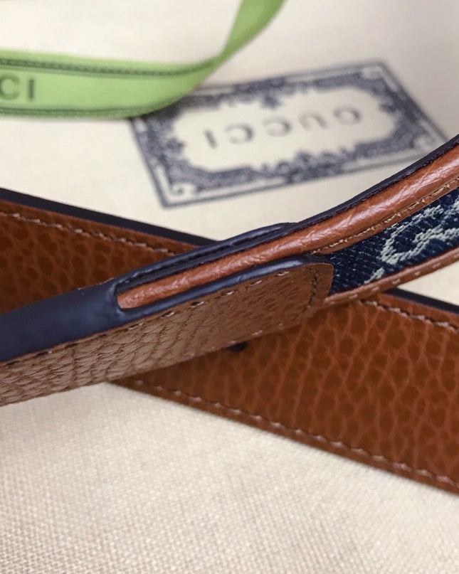 Gucci Belt with Square Buckle – GG Denim & Brown Leather