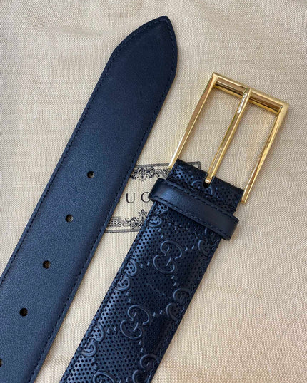Gucci Black GG Leather Belt 474313 – Square Gold Buckle