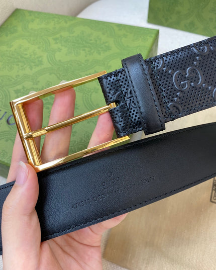 Gucci Black GG Leather Belt 474313 – Square Gold Buckle