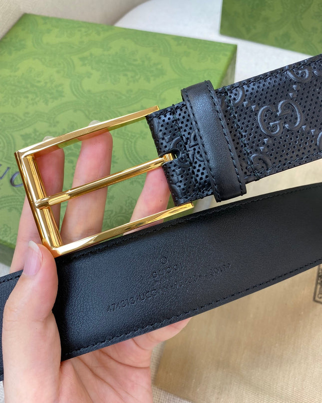 Gucci Black GG Leather Belt 474313 – Square Gold Buckle