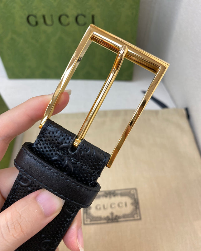 Gucci Black GG Leather Belt 474313 – Square Gold Buckle
