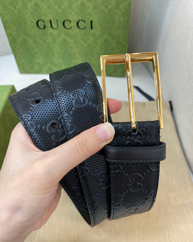 Gucci Black GG Leather Belt 474313 – Square Gold Buckle