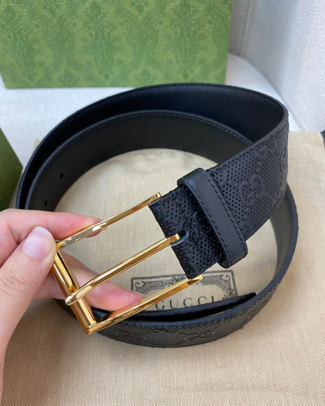 Gucci Black GG Leather Belt 474313 – Square Gold Buckle