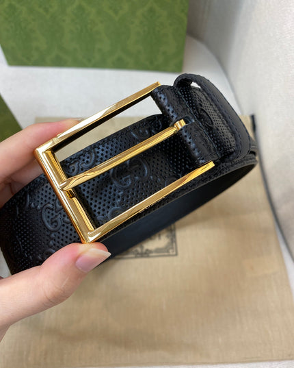 Gucci Black GG Leather Belt 474313 – Square Gold Buckle
