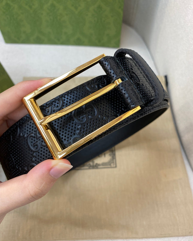 Gucci Black GG Leather Belt 474313 – Square Gold Buckle