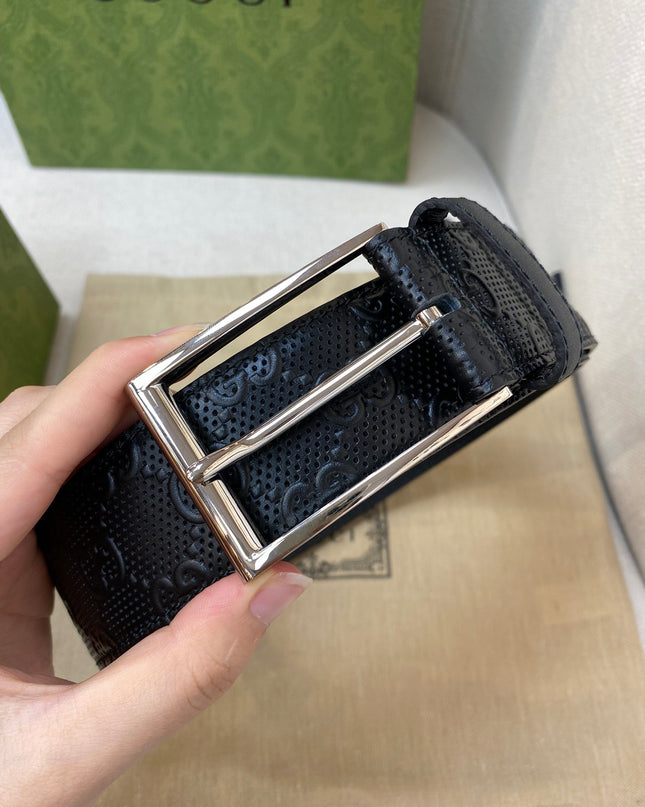 Gucci Black GG Leather Belt 474313 – Square Palladium Buckle