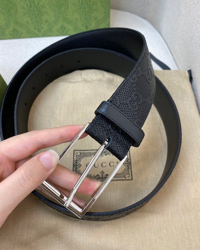 Gucci Black GG Leather Belt 474313 – Square Palladium Buckle