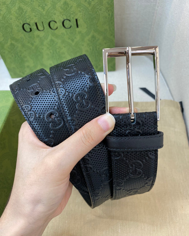 Gucci Black GG Leather Belt 474313 – Square Palladium Buckle
