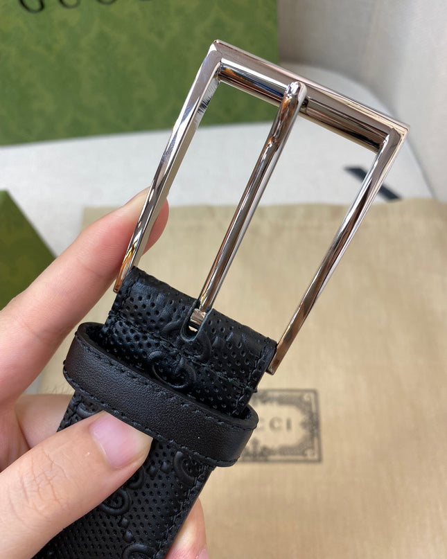 Gucci Black GG Leather Belt 474313 – Square Palladium Buckle