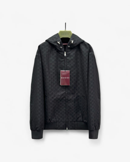 Gucci Black GG Monogram Zip-Up Hooded Jacket