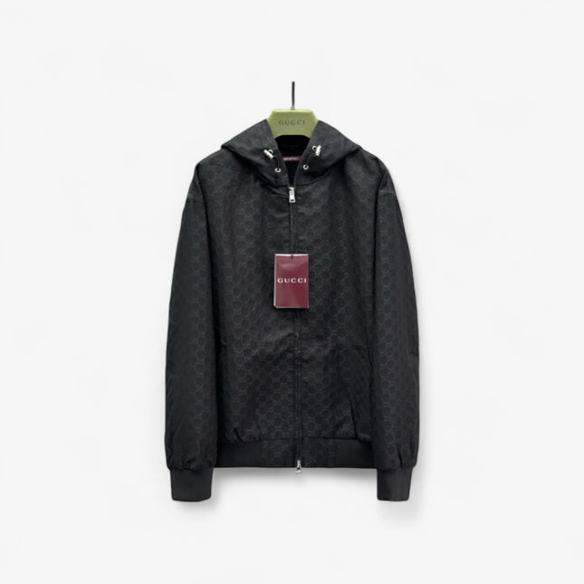 Gucci Black GG Monogram Zip-Up Hooded Jacket